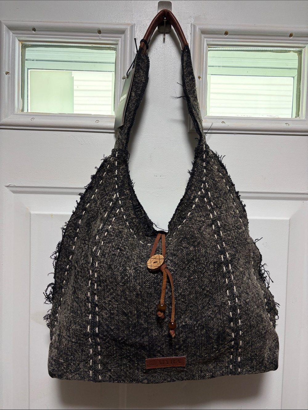 Myra Bag Textured Woven Shoulder Hobo in Charcoal with Leather Accent